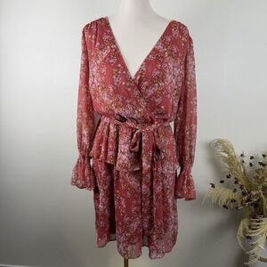 LC Lauren Conrad Women's Size 1X Red Coral Floral Long Sleeve Faux Wrap Dress